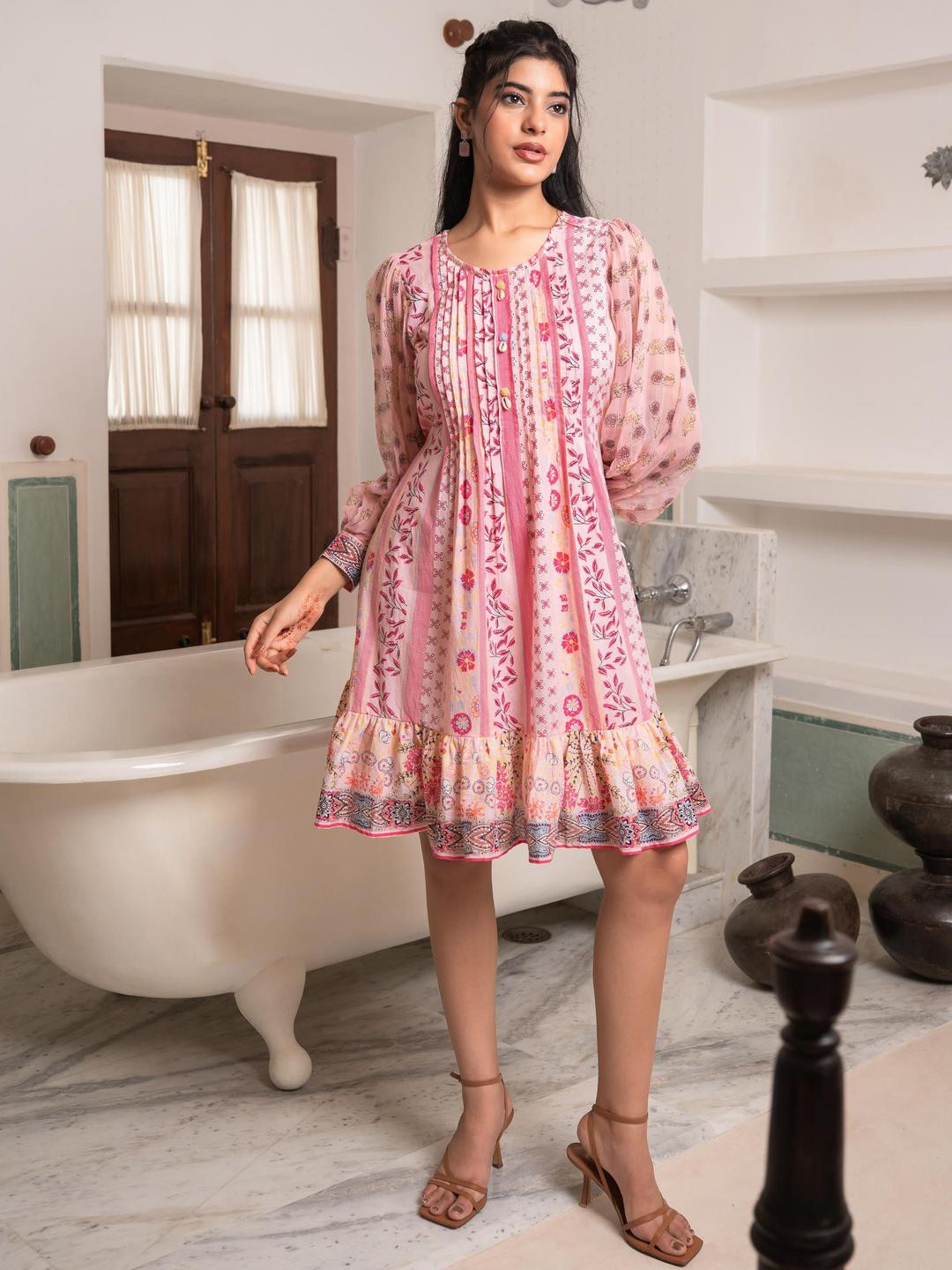 Chandbaali Wonderland Floral Printed Round Neck Fit & Flare Pintucks Cotton Midi Dress