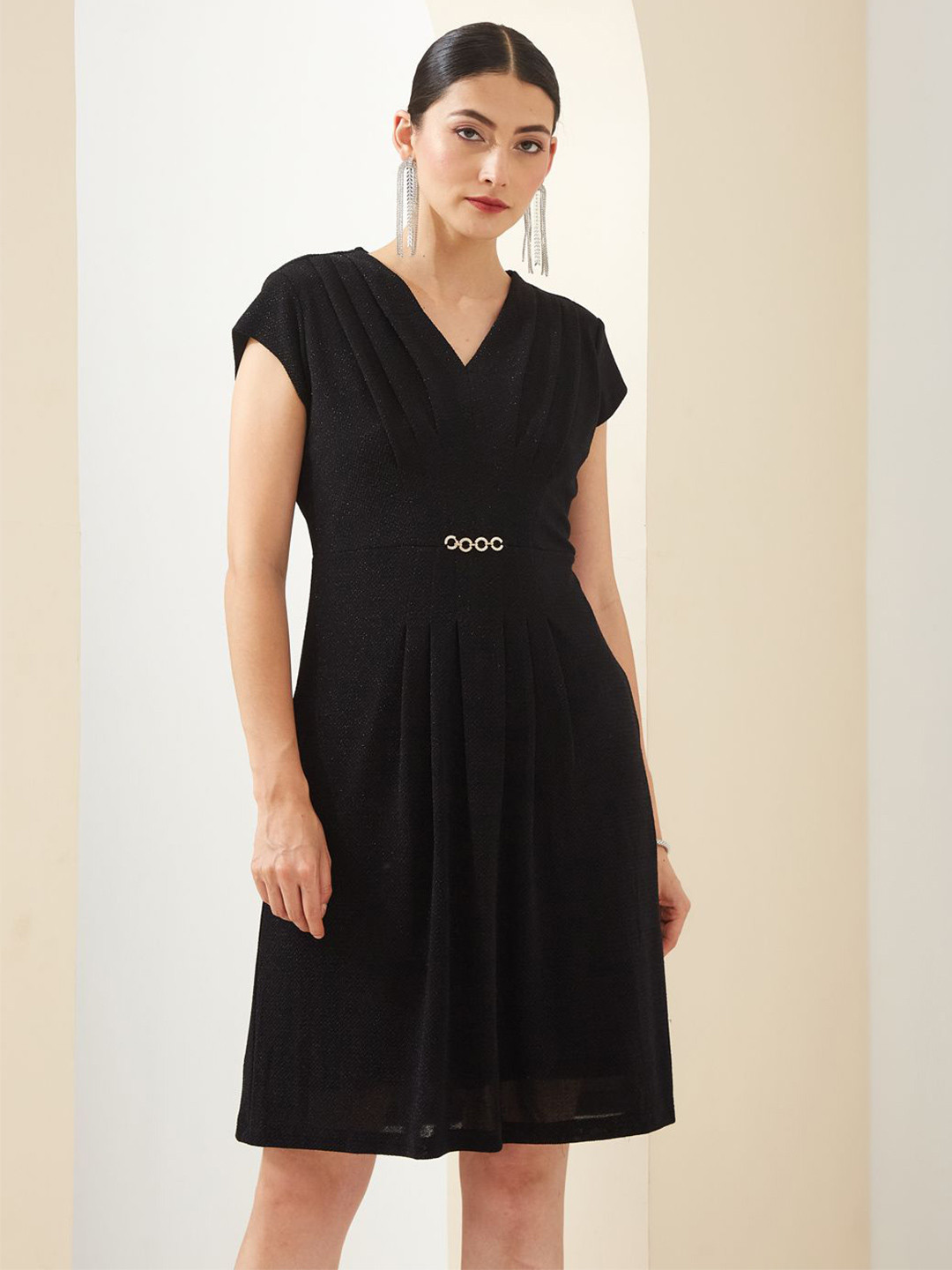 Latin Quarters Women Solid V- Neck Fit and Flare Dress