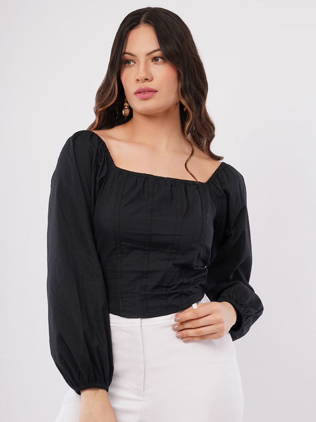 Deshi Girl Self Design Square Neck Bishop Sleeves Cotton Corset Top