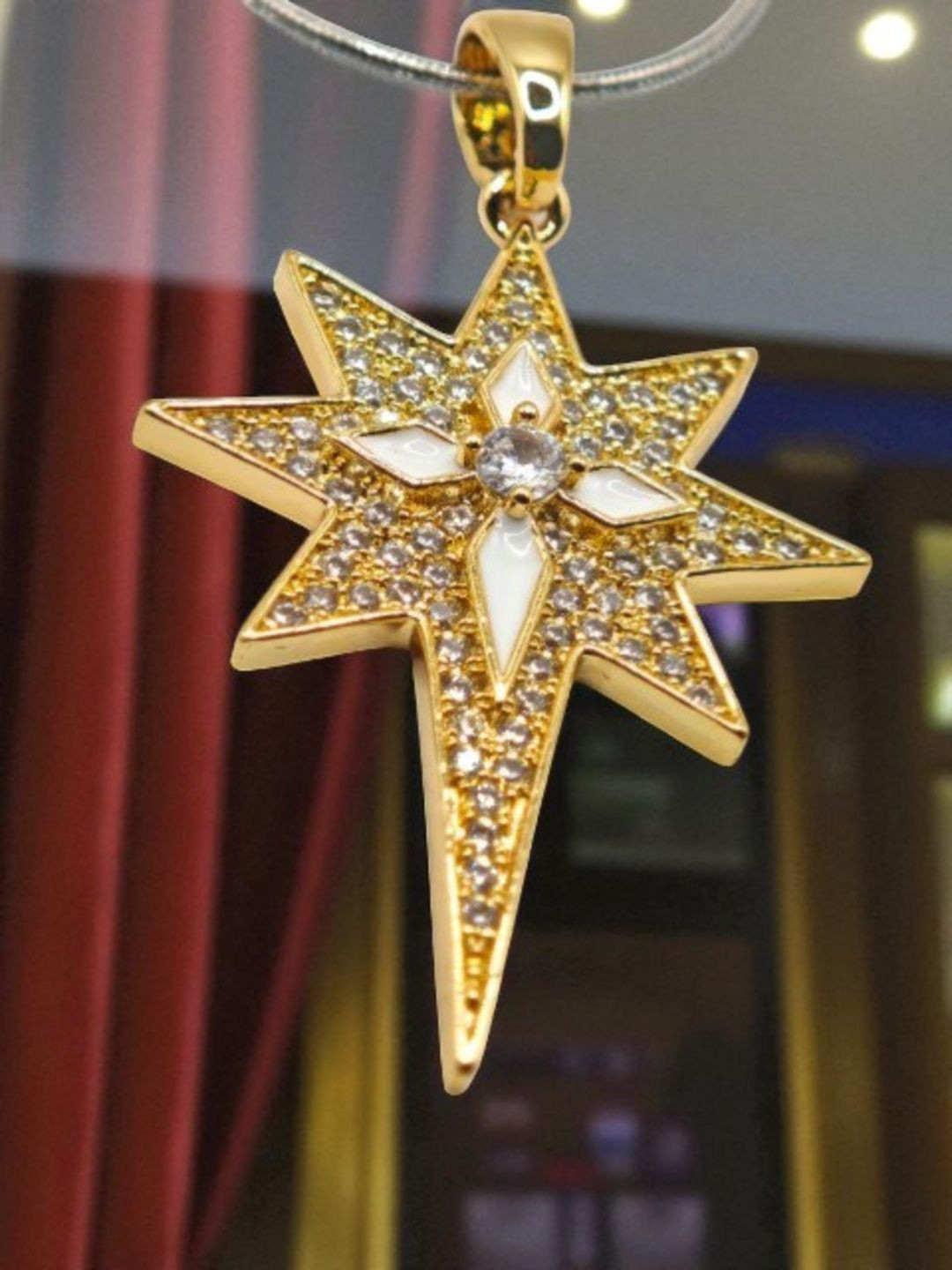 SAPRAA TRENDS Steel Gold Plated American Diamond Studded Star Shaped Pendant & Chain