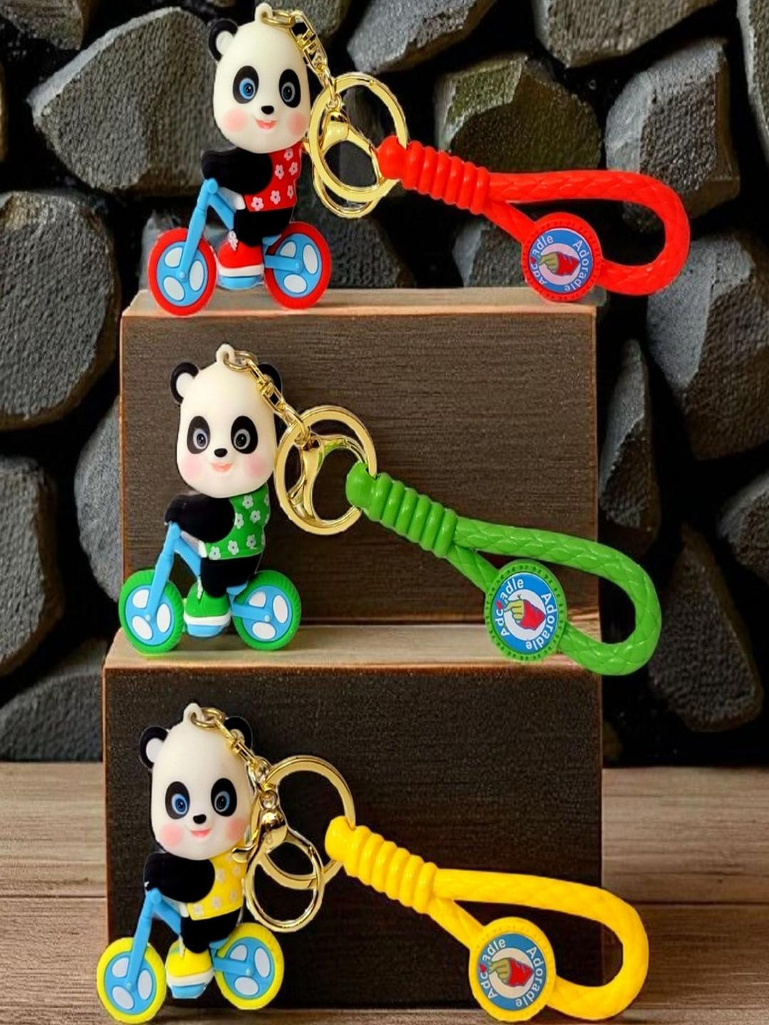 ADOREAL Unisex Pak Of 3 Green Red & Yellow Cycling Panda Keychain & Keyrings