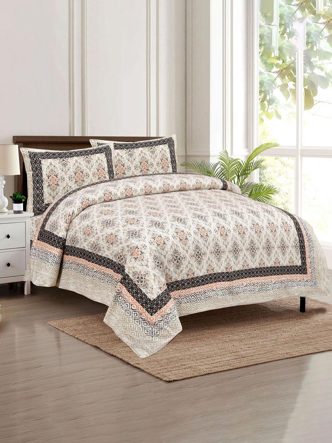 Aura Beige & Greens Printed Cotton 160 TC King Bedsheet Set-2.72m x 2.29 m x 0.1 m