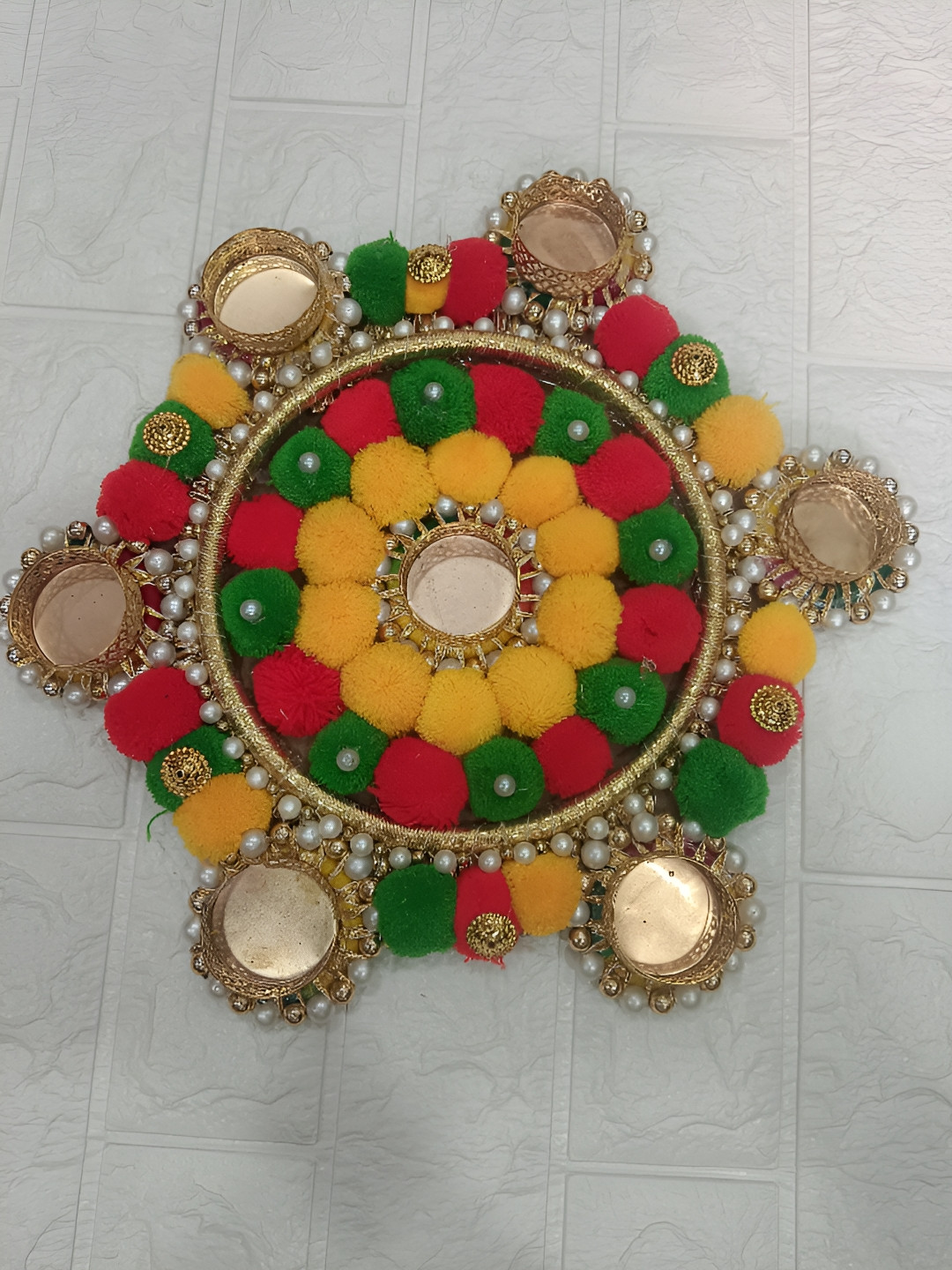 Sellplus Yellow & Green Pompom Moti Circle Candle Holder In Rangoli Plate