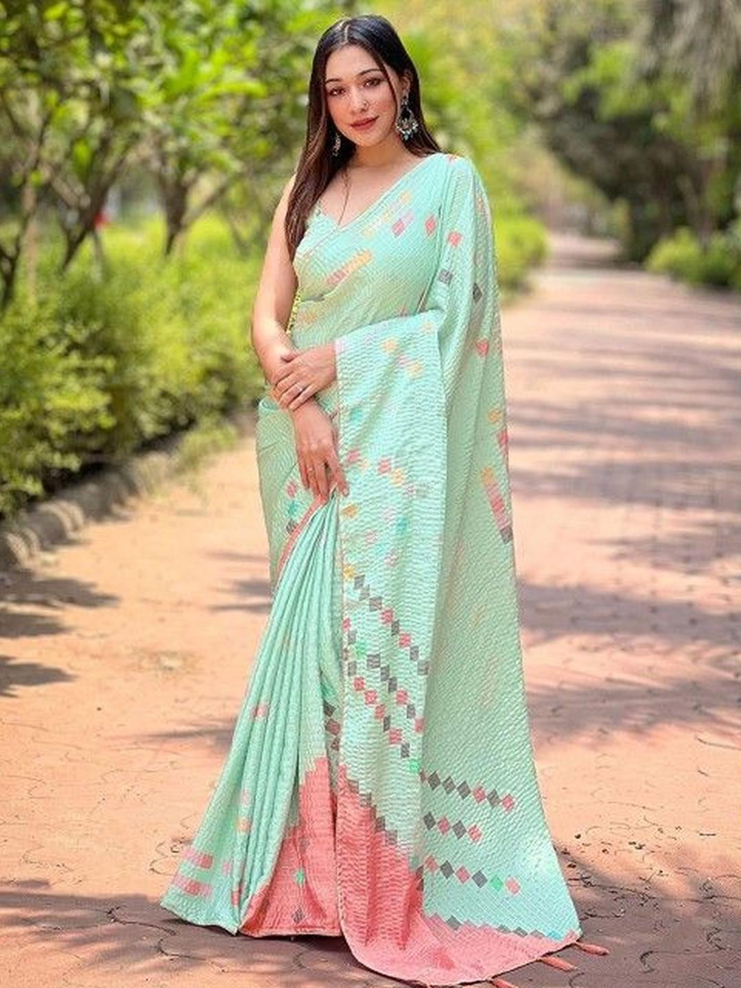 KARAGIRI Sea Green Satin Crochet Saree With Blouse Piece