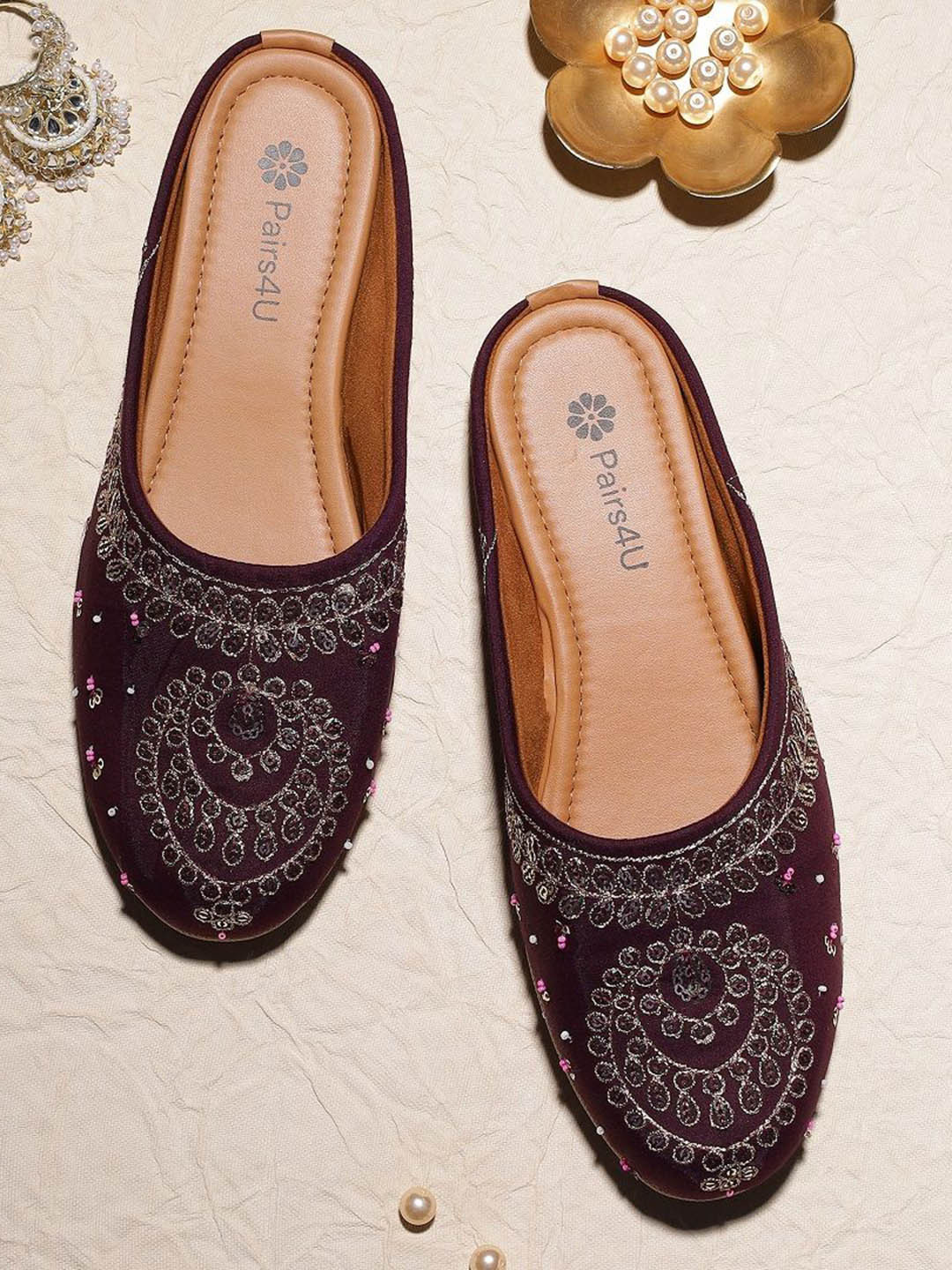 Pairs4U Women Embellished Ethnic Mules with Embroidered Flats