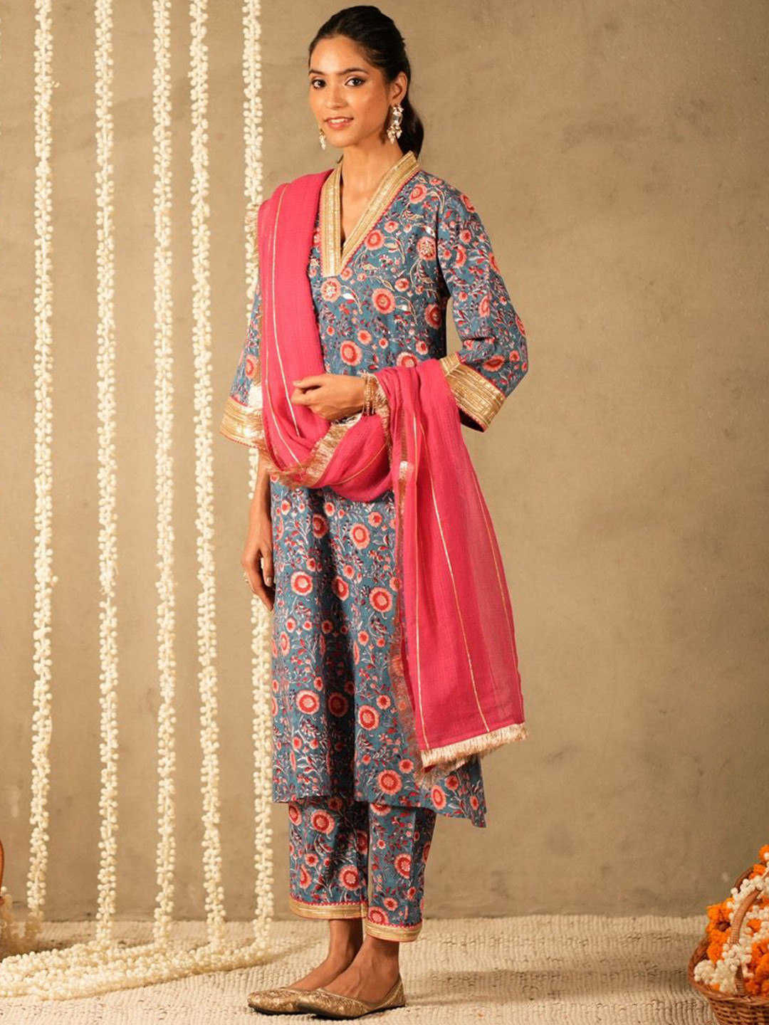 AKISO Blue Floral Printed V Neck Long A Line Kurta with Straight Pants and Dupatta