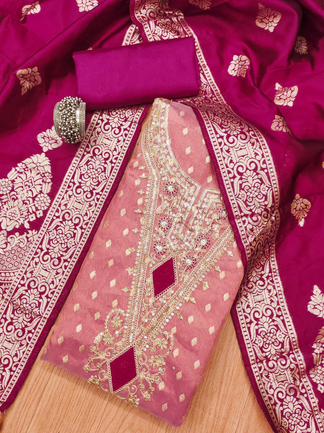 KALINI Women'S Pink Colour Organza Jacquard Fabric Dress Material With Dupatta