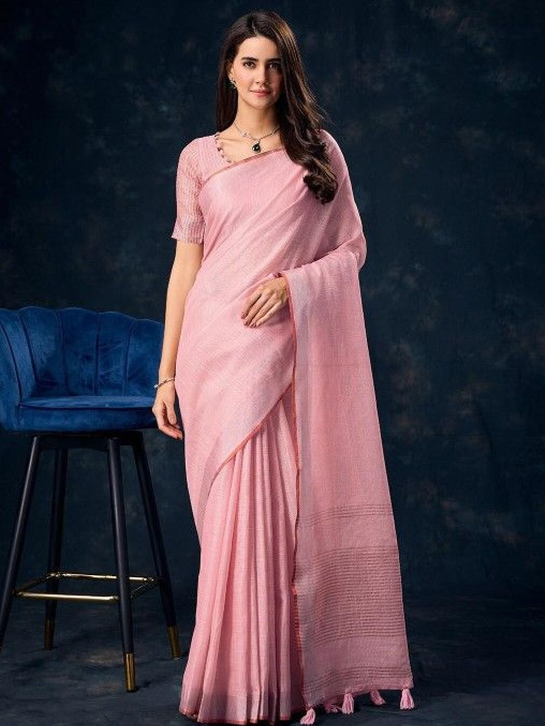 KARAGIRI Pink Tissue Linen Saree With Blouse Piece