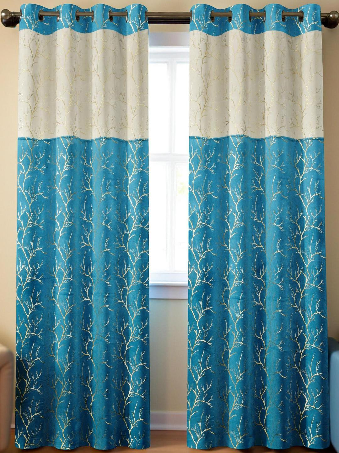 IVAZA Turquoise Blue & Beige Set of 2 Printed Blackout Window Curtains