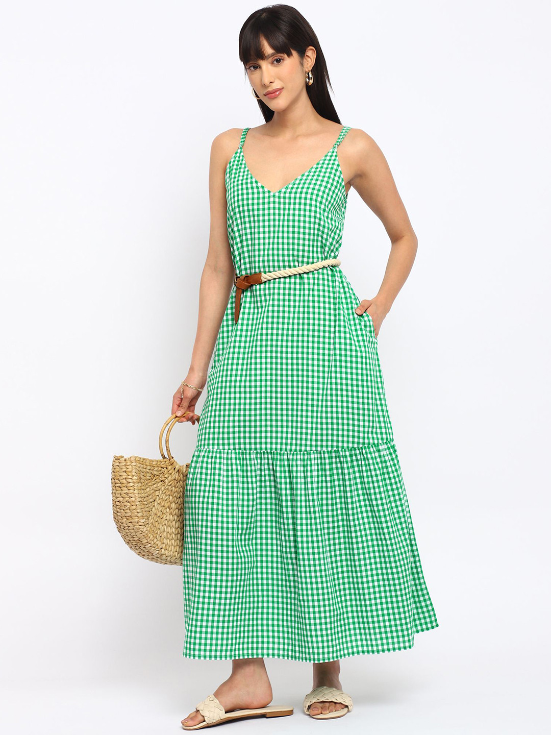 theulluu.com Women Checked Shoulder Straps Tiered Cotton Shift Maxi Dress