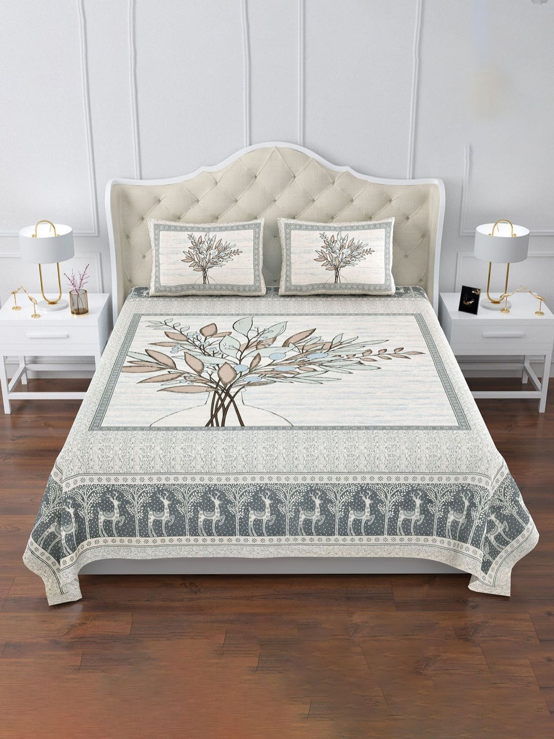 Aura Blue & White Graphic 160 TC Cotton King Bedsheet Set 2.72 m x 2.55 m