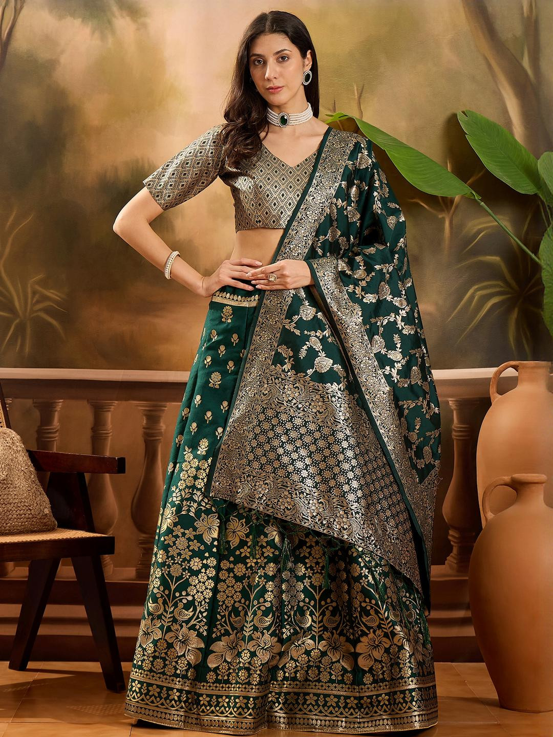 Sangria Women Green Banarasi Jacquard Weaving Flaired Lehenga Choli