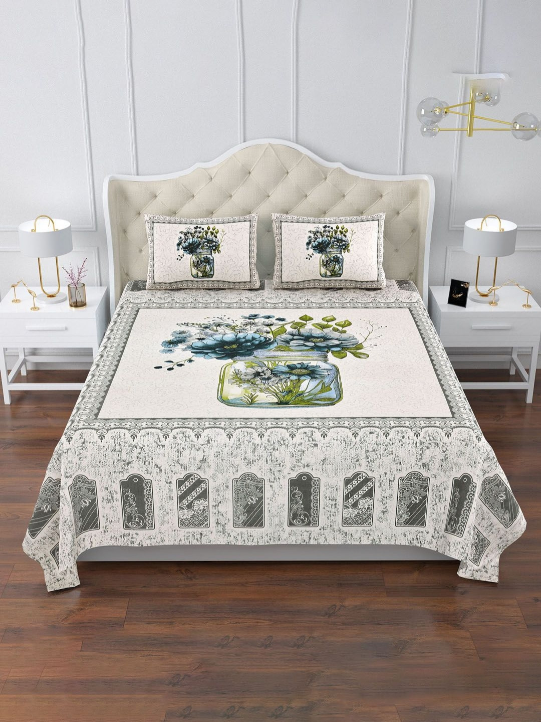 Aura Cream & Green Floral 160 TC King Bedsheet 2.72 x 2.55 x 0.1 m