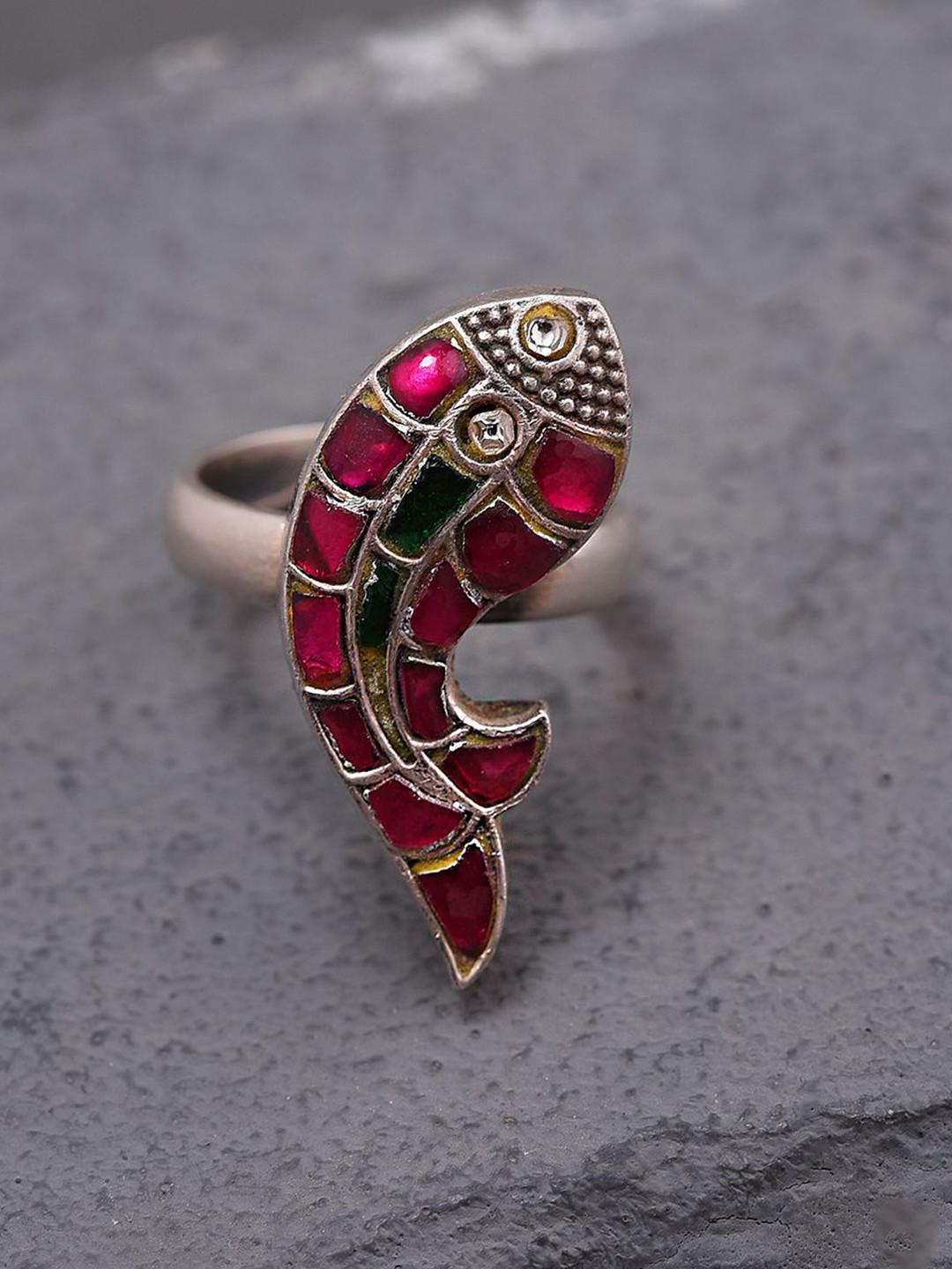 JAYPORE Women Stone Studded & Fish Designed Adjustable Finger Ring