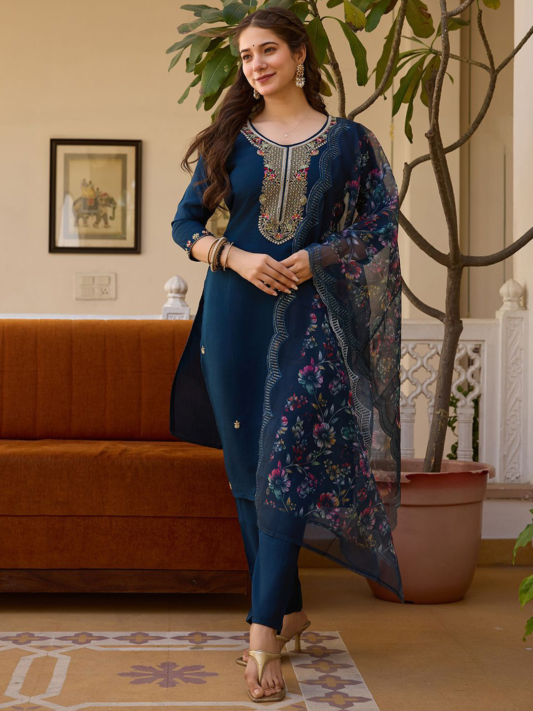 Brand Hill Women Floral Embroidered Beads and Stones Kurta with Trousers & Dupatta