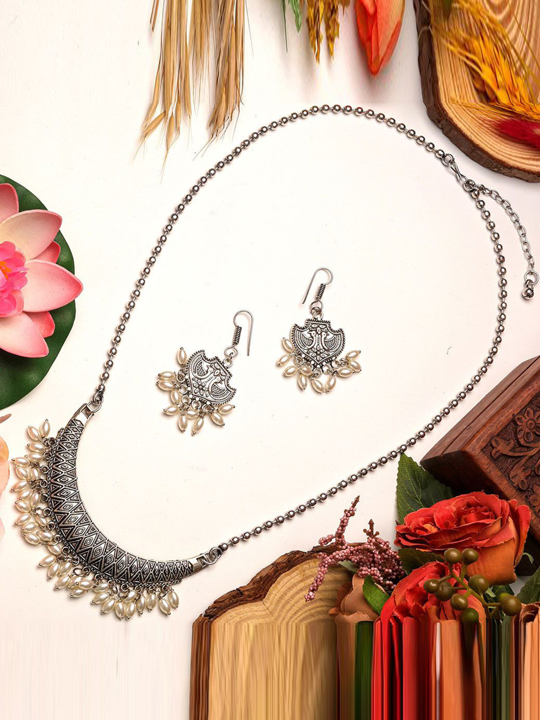 VEDAJ Silver-Plated Artificial Stones Studded Oxidized Long Necklace And Earrings