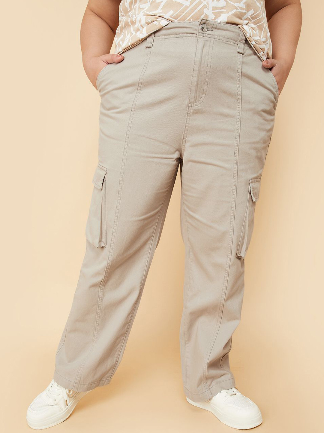 max Women Plus Size Regular Fit Mid-Rise Clean Look Cotton Cargo Styles Jeans