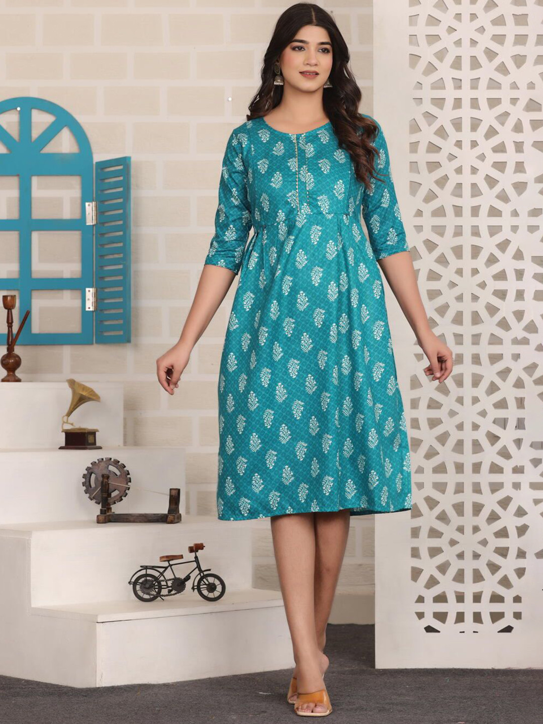 WE PERFECT Floral Printed Pure Cotton Round Neck Maternity A-Line Ethnic Dress