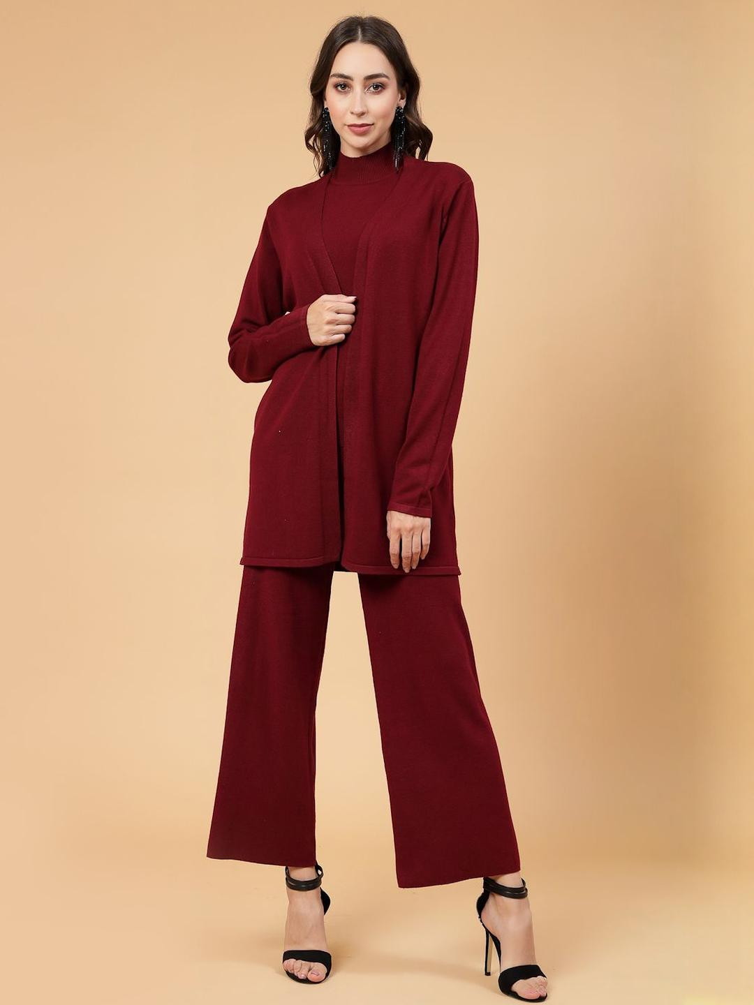 Mafadeny Women's 3 Pcs Mock Neck Co-ord Set with Wide-Leg Pants