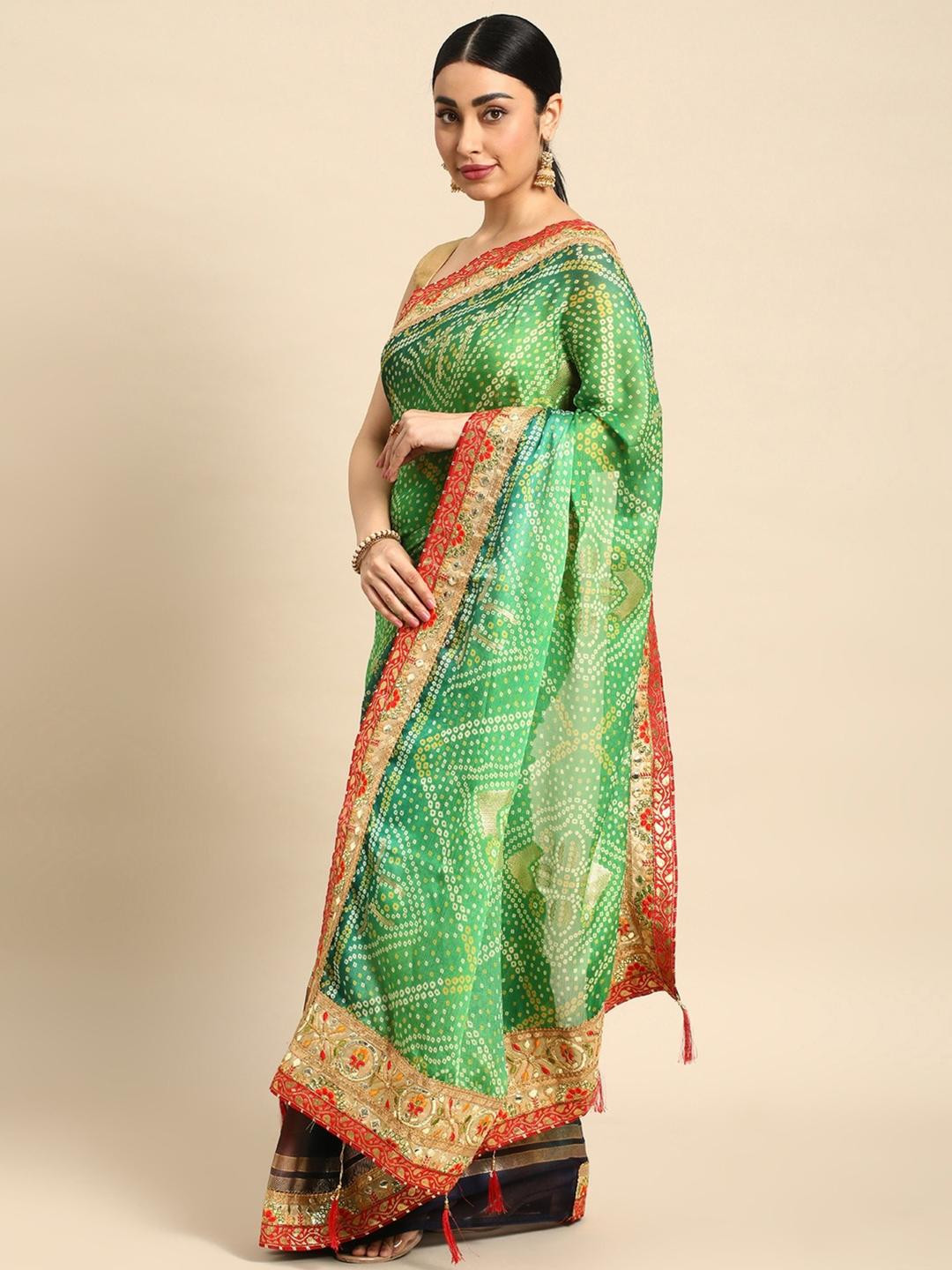 KALINI Green & Red Gotta Patti Chiffon Bandhani Saree With Lace Border