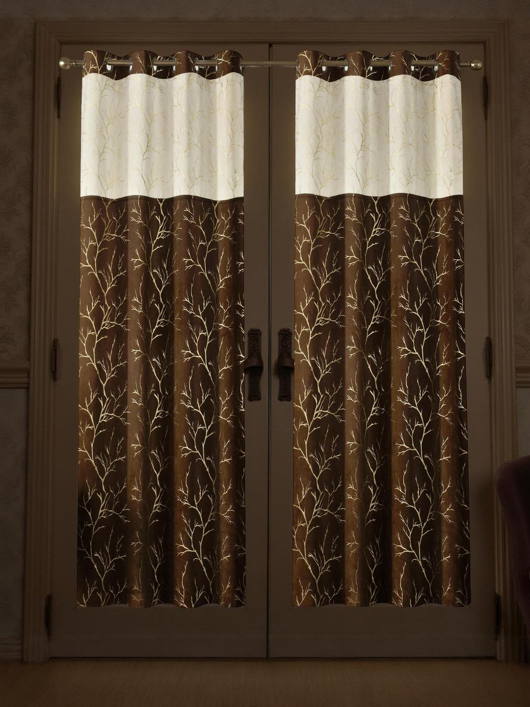 IVAZA Coffee Brown & Gold-Toned Set of 2 Floral Black Out Window Curtains
