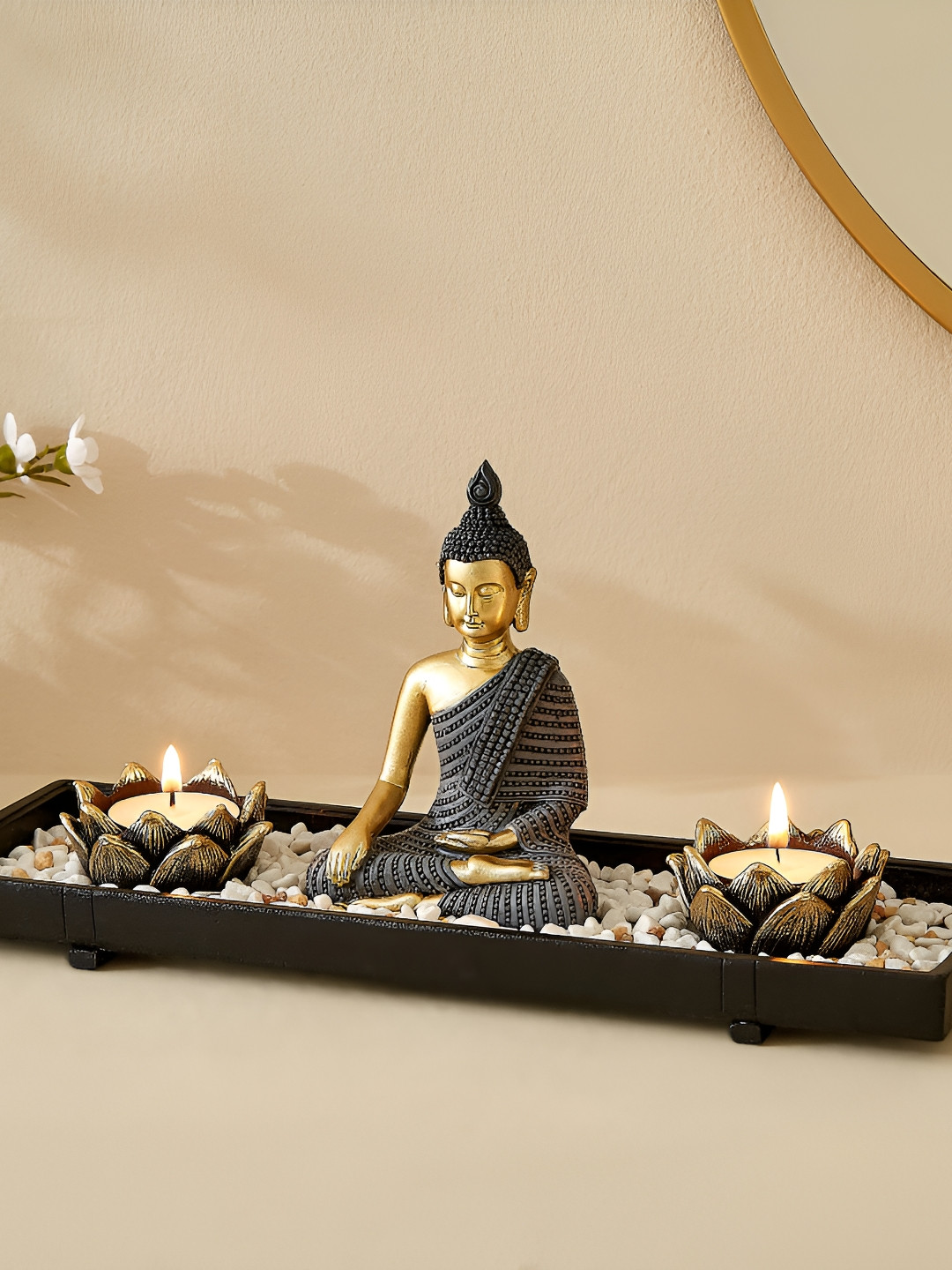Home Centre Brown & Grey Sitting Buddha Figurine With T-Light Holders