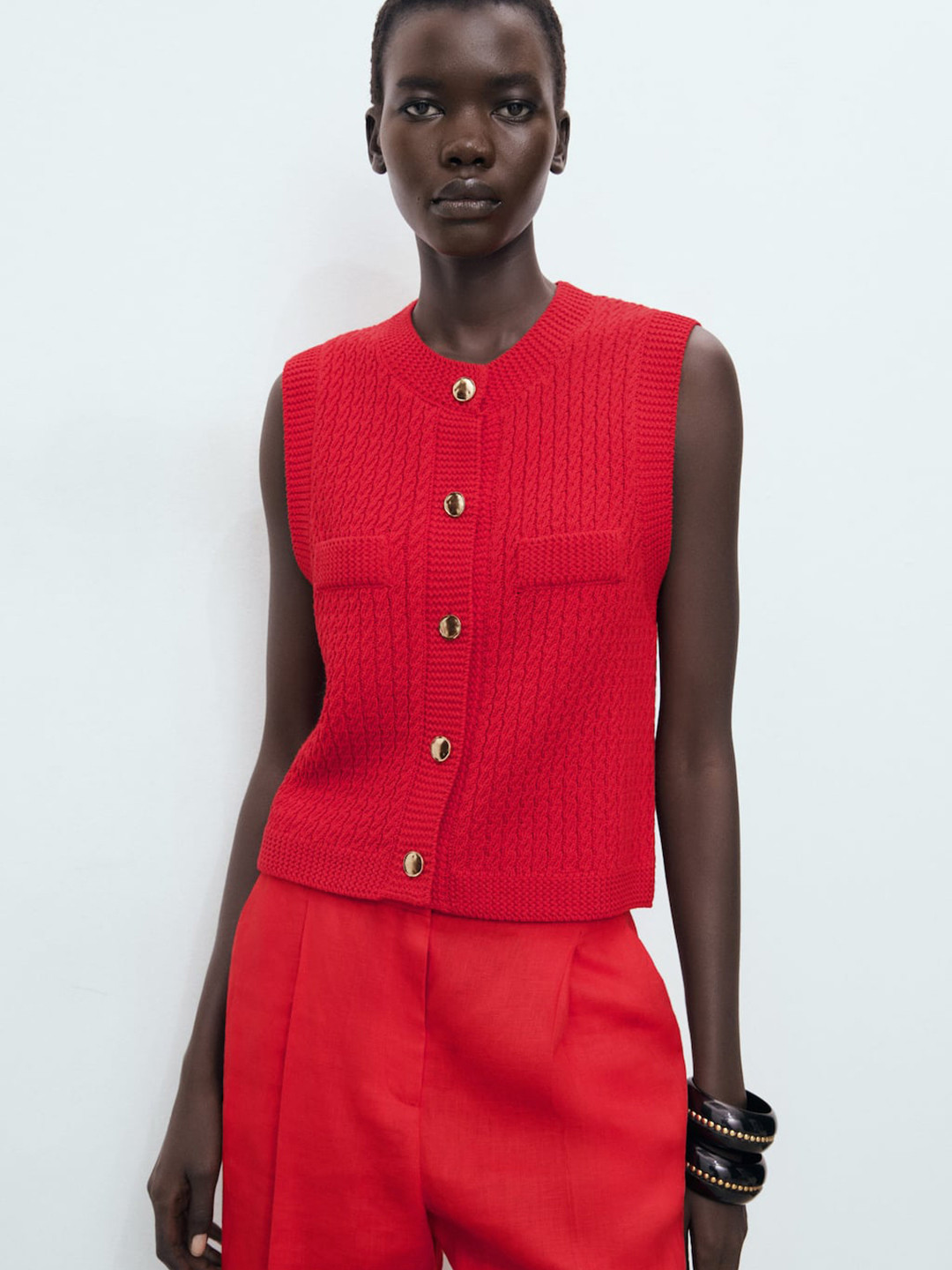 MANGO Cable Knitted Button Down Pure Cotton Sweater Vest