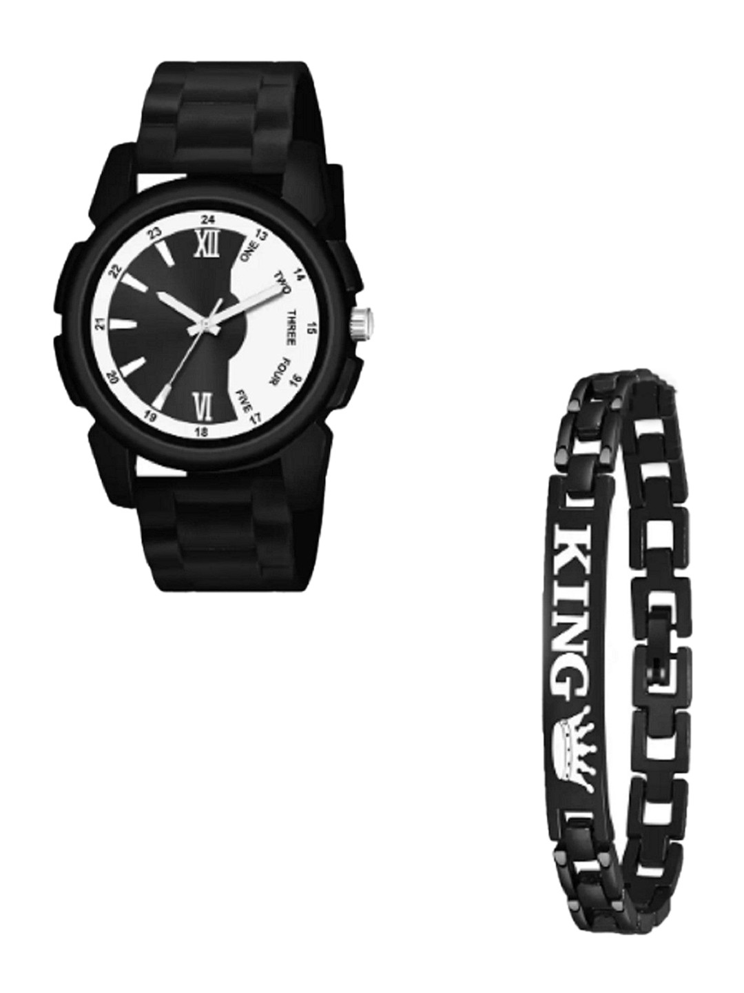 Miss Perfect Men Monochrome Analogue Watch with King Print Bracelet Set