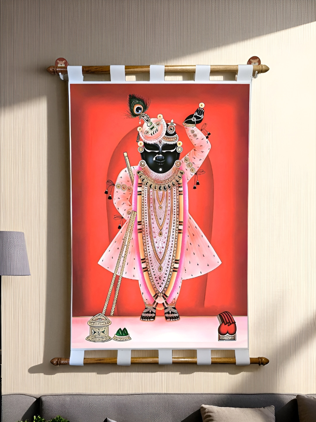 Tushaco Handicrafts Red & Pink Shrinathji Pichwai Religious Wall Arts