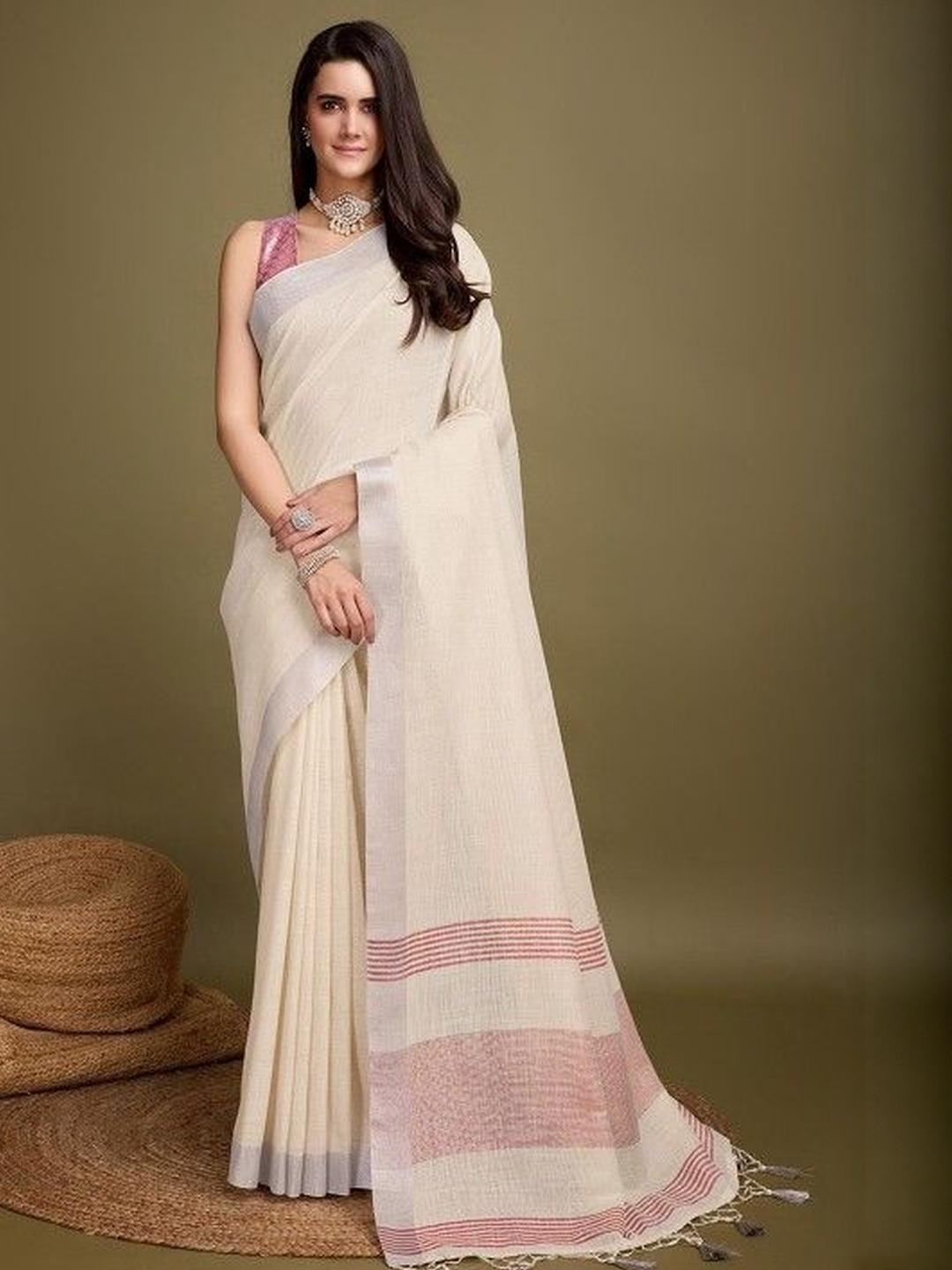 KARAGIRI Beige Linen Daily Wear Saree With Blouse Piece