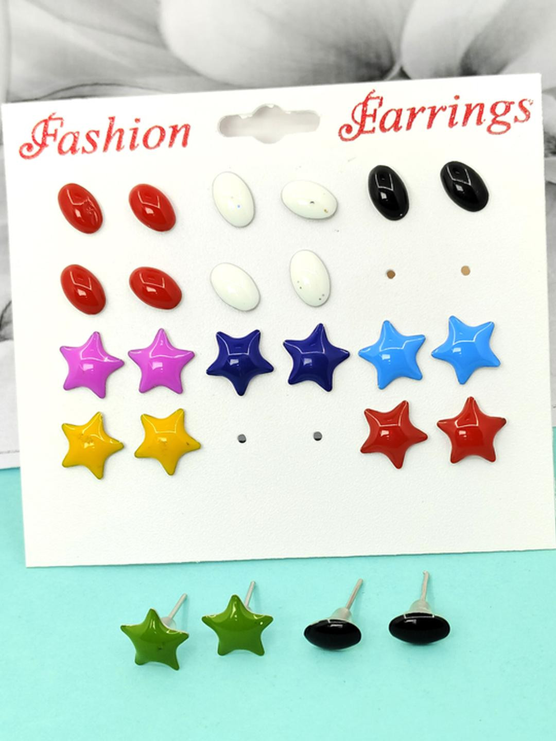 NAVJAI Women Set of 12 Oval & Star Shape Studs Earrings