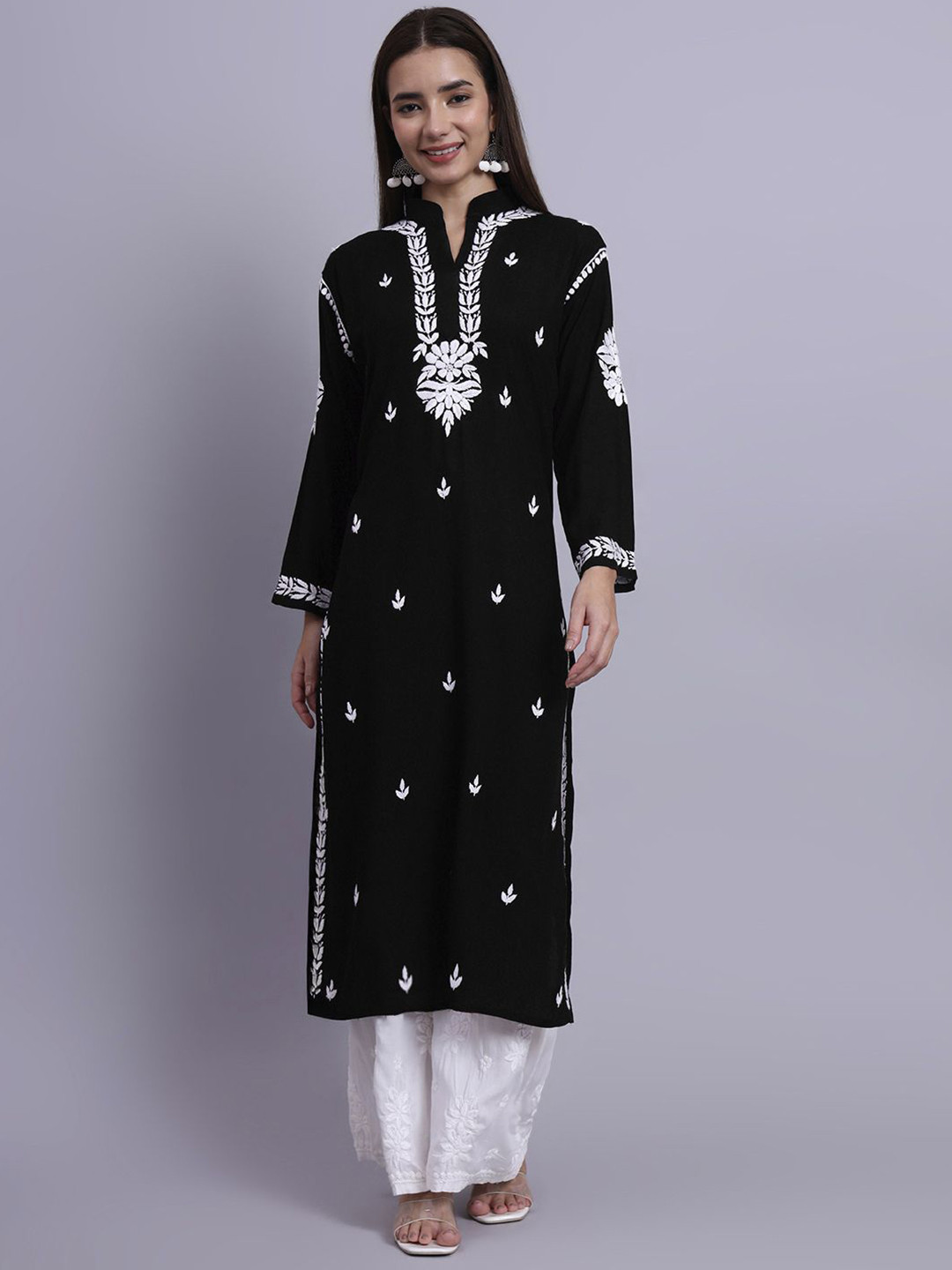 The Chikan Label Women Black Riddhi Rayon Chikankari Straight Kurta