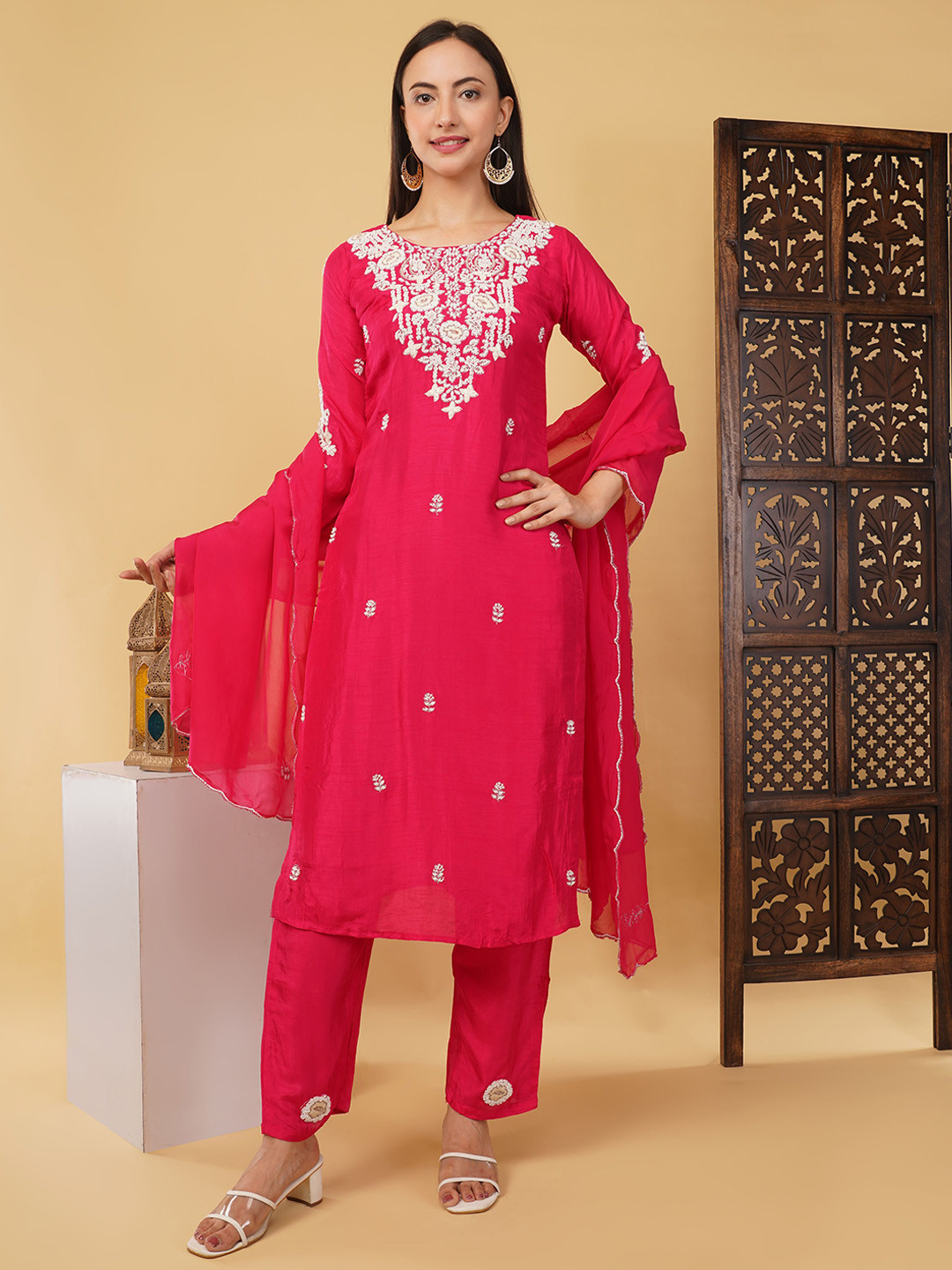 Prisachi Women Pink Embroidered Kurta & Pant with Dupatta