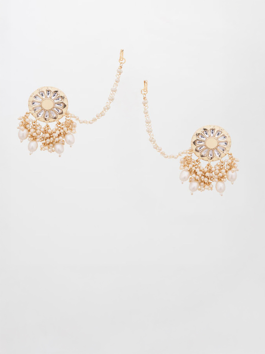 HENA DESIGNS LLP Stone Studded & Pearls Beaded Circular Shaped Drop Earrings With Earchain