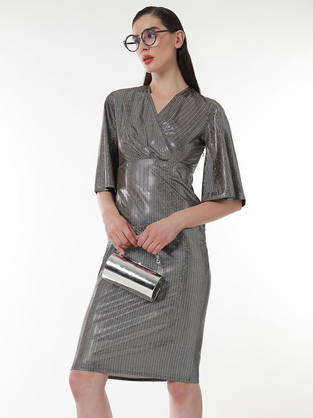 PINACOLADA Women V-Neck Metallic Wrap Dress
