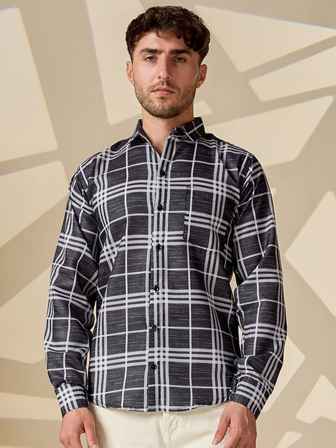 REFINEDLOOK Classic Spread Collar Tartan Checks Checked Cotton Linen Opaque Shirt