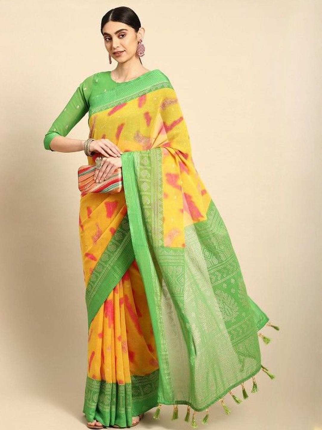 KARAGIRI Women Printed Yellow Chiffon Saree Blouse Piece