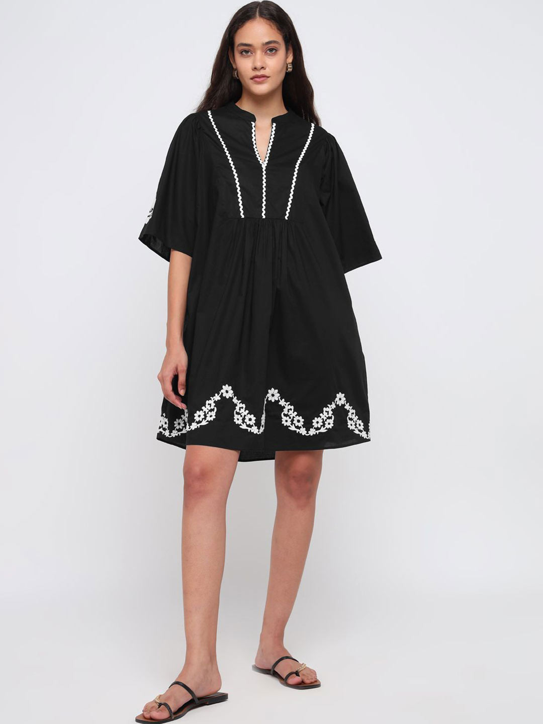 COVER STORY Floral Embroidered Mandarin Collar Fit & Flare Cotton Tunic Dress