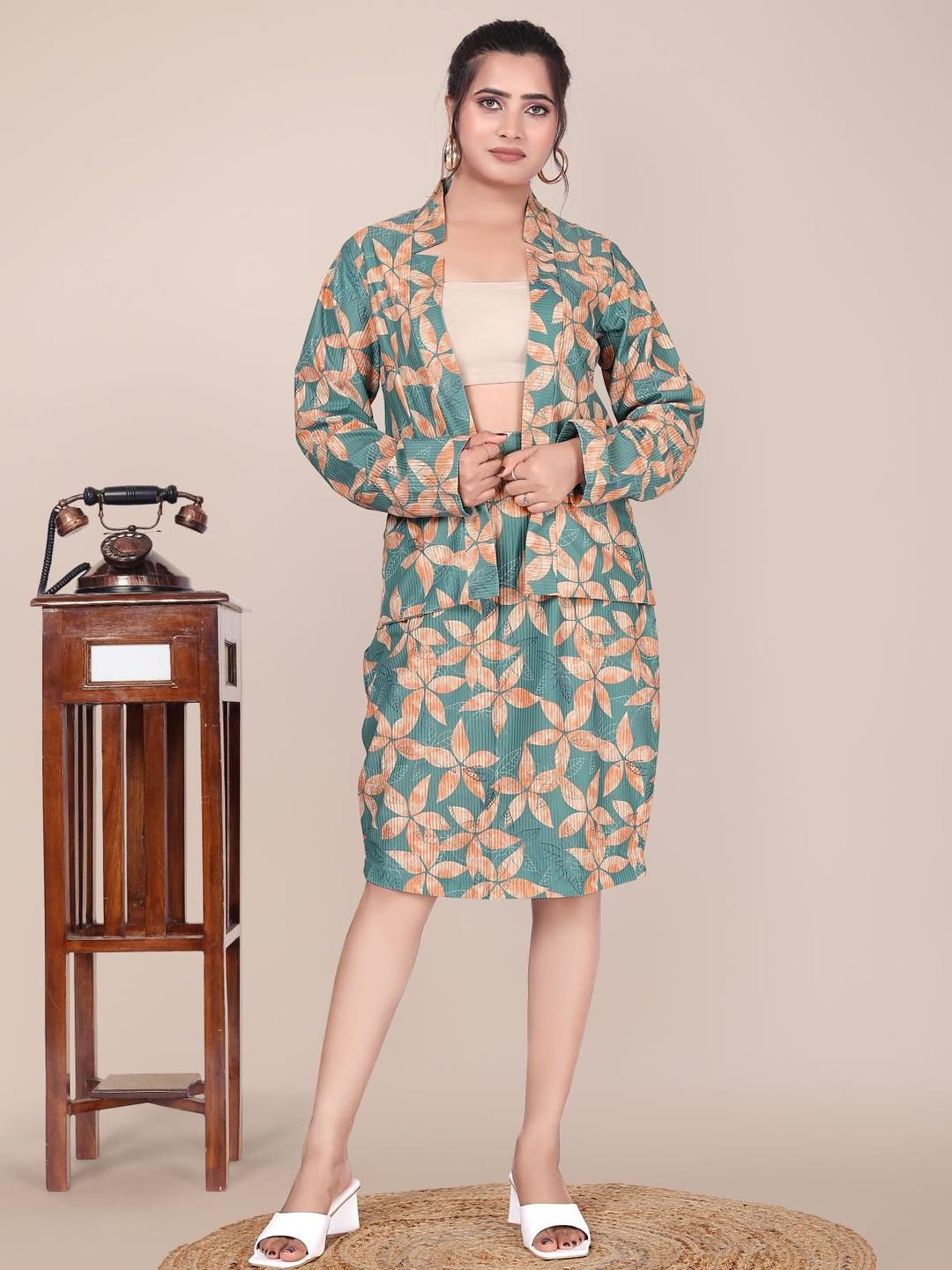 VenderVilla Floral Printed V-Neck Corduroy Blazer With Skirt