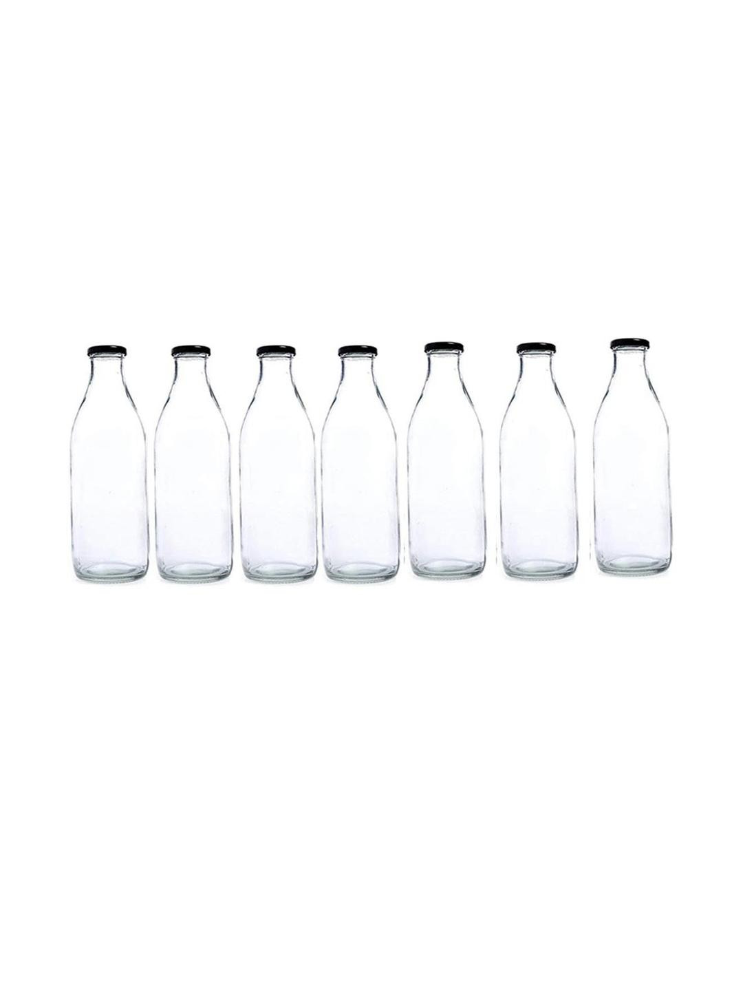 SOMIL Set of 7 Transparent Multipurpose Glass Bottles with Black Caps