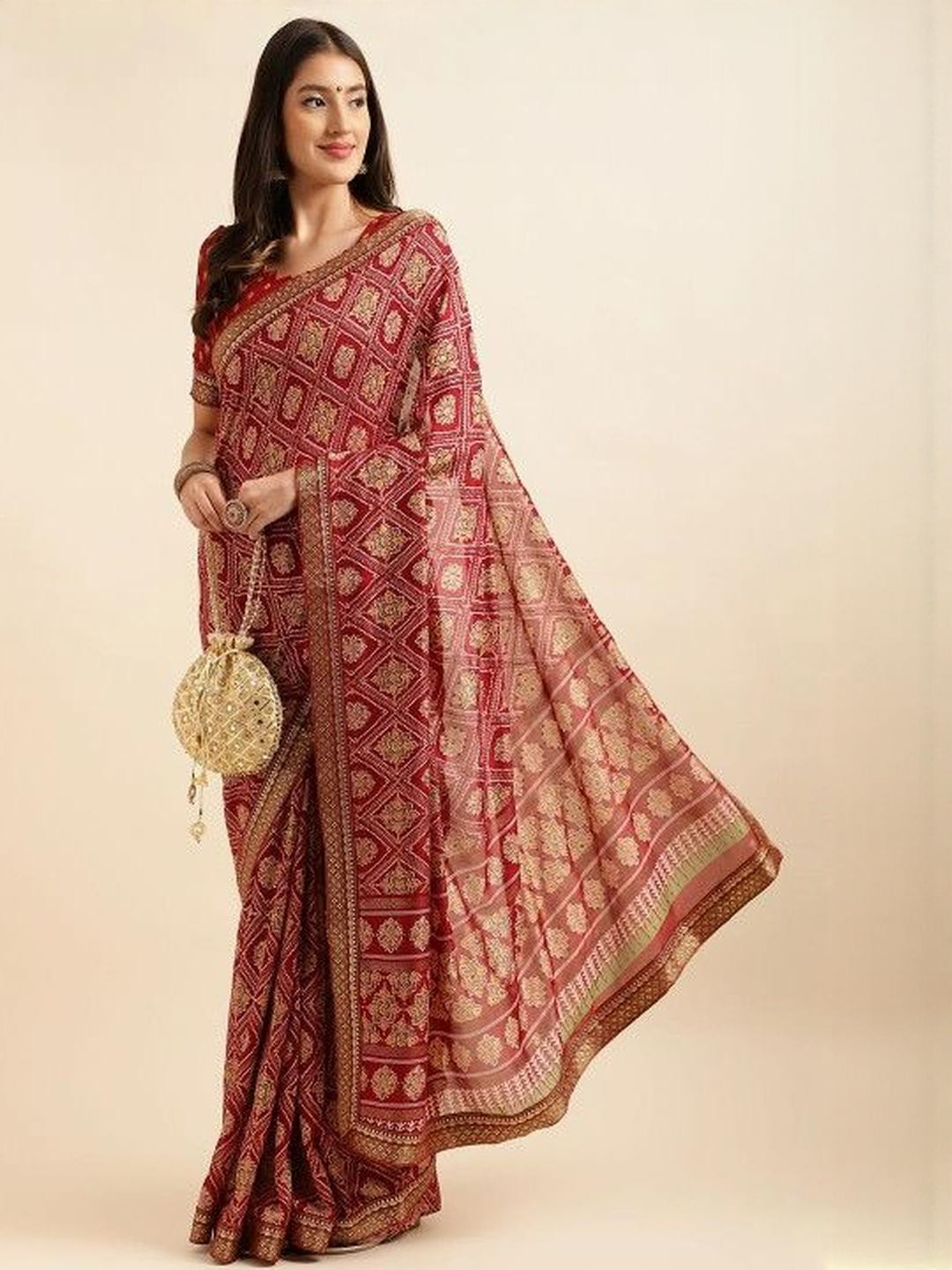 KARAGIRI Maroon Georgette Saree With Blouse Piece