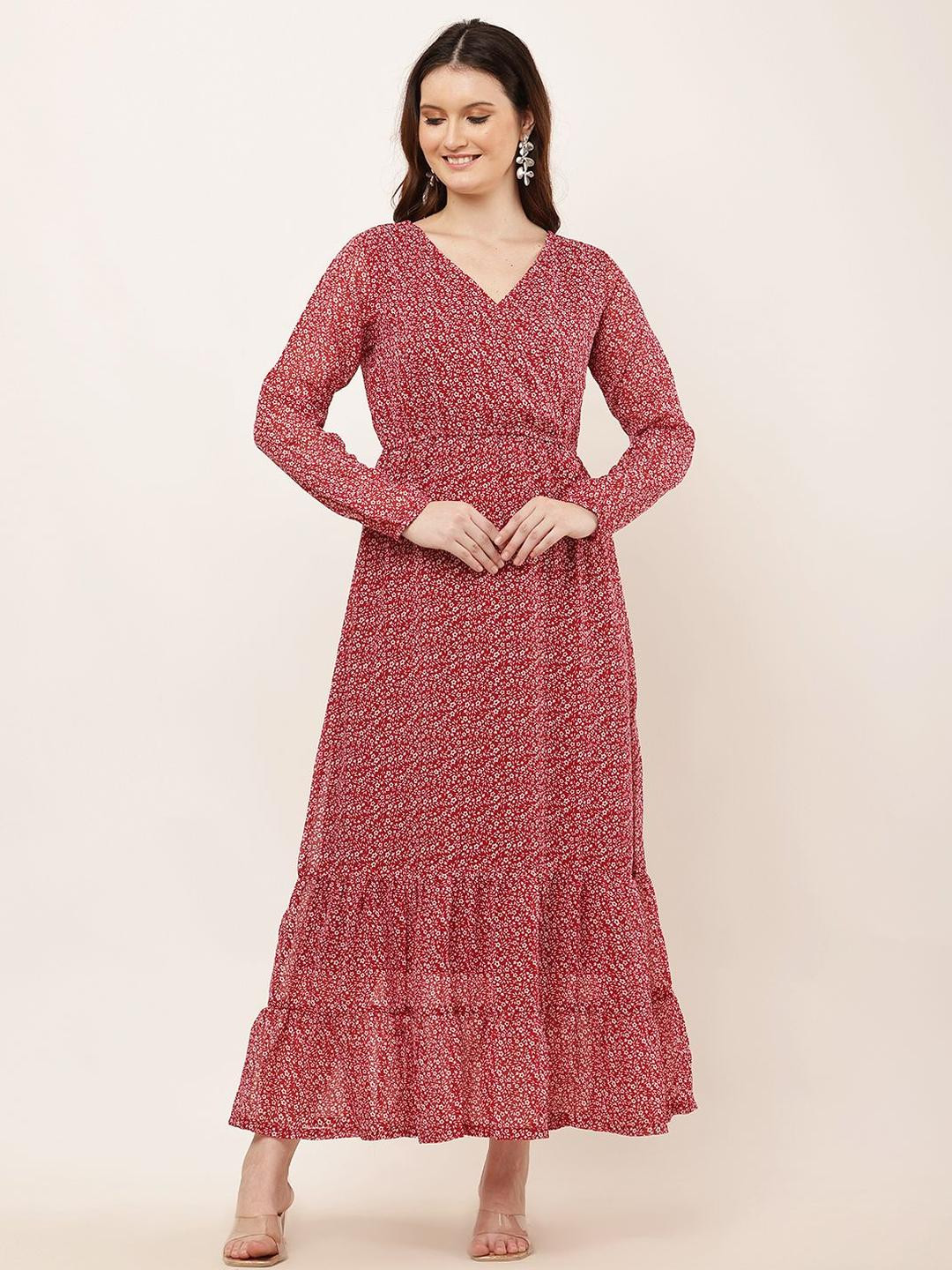 HELLO DESIGN Women Floral Printed Puff Sleeve Tiered Georgette Fit & Flare Maxi Dress