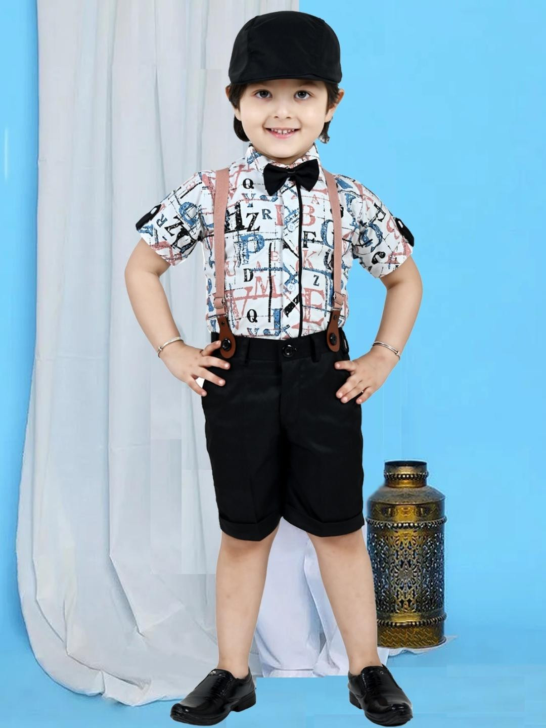 OJ TREND Boys Printed Y Suspenders Shirt & Shorts Dungaree Set With Bow Tie & Cap