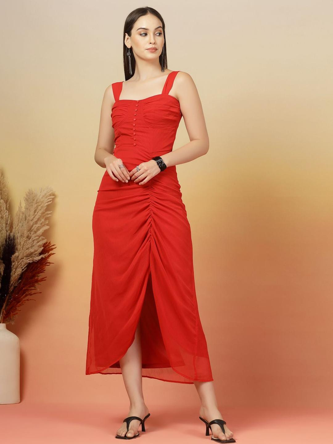 aayu Women Pleated Slits Square Neck Chiffon Bodycon Midi Dress