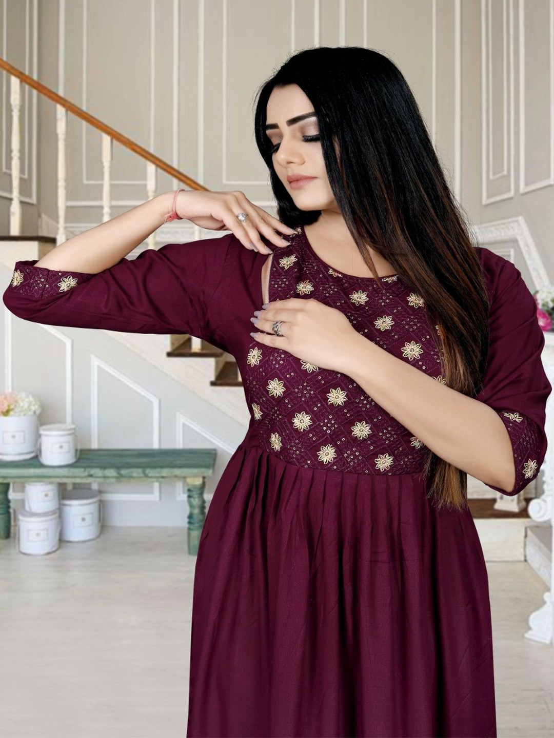 sheladiya Embroidered Fit and Flare Maternity Midi Ethnic Dress