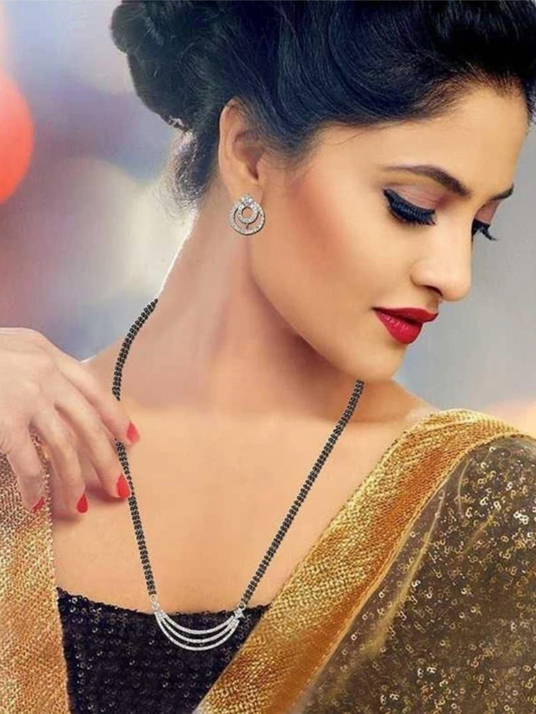 Riyasales Artificial Stones Studded & Beaded Mangalsutra With Earrings