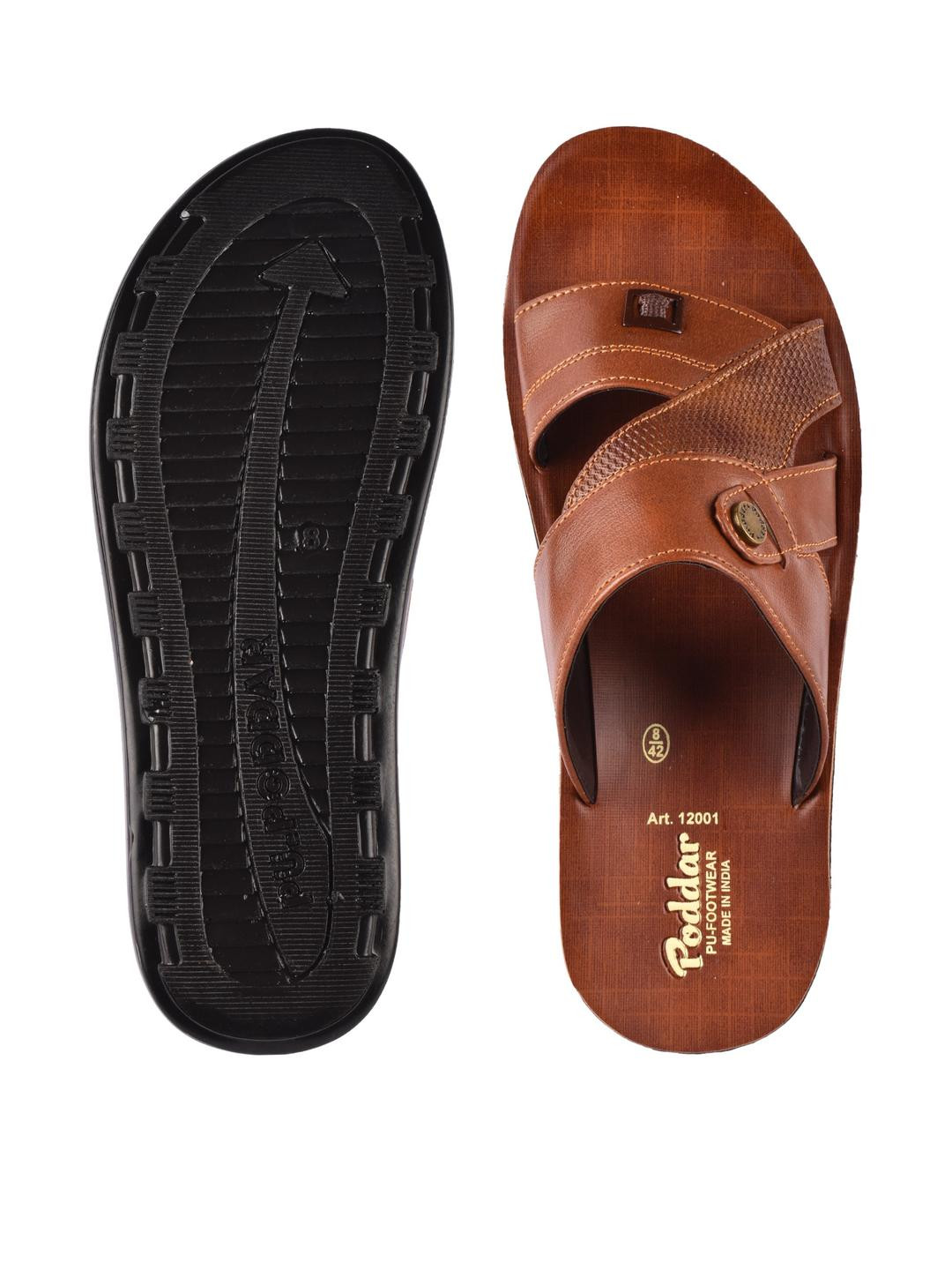 Poddar Men Tan Slippers with Stylish Cross-Strap & Textured Sole Flats