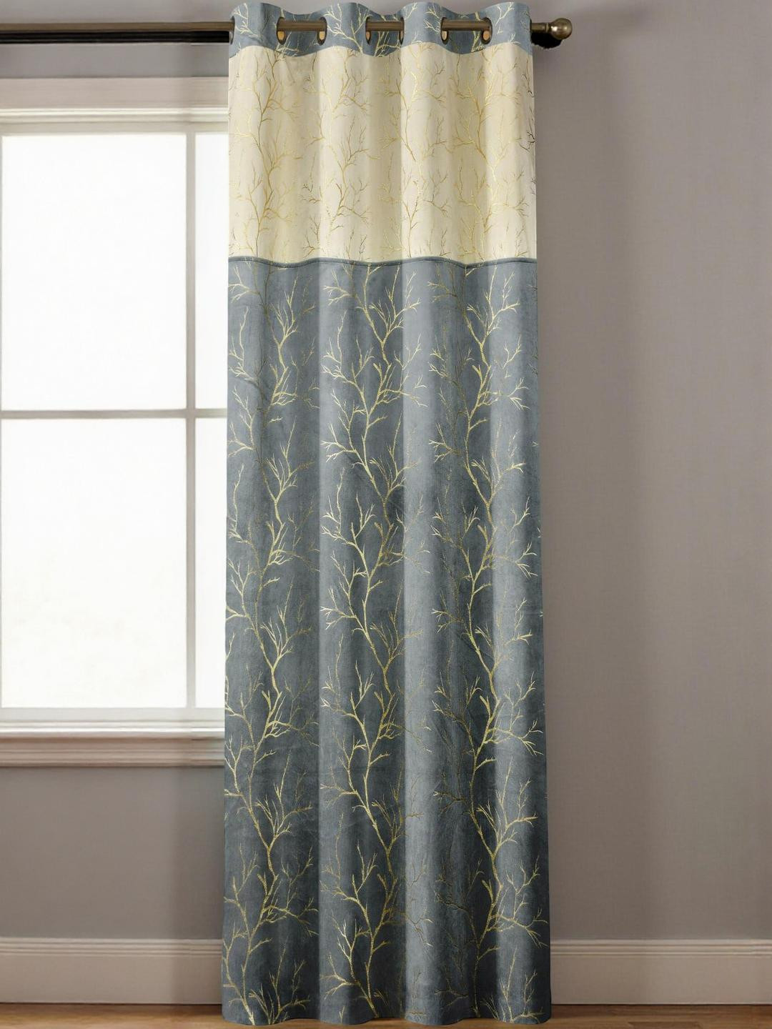 IVAZA Grey Floral Black Out Door Curtain