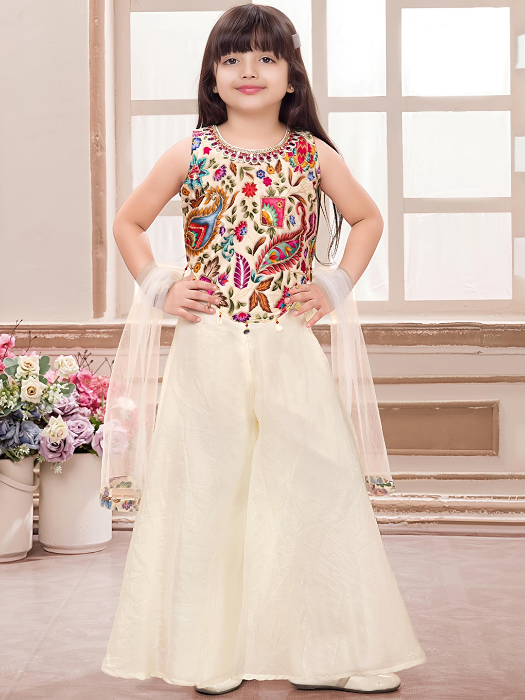 PINK LEAF Girls Floral Embroidered Top with Palazzos & With Dupatta