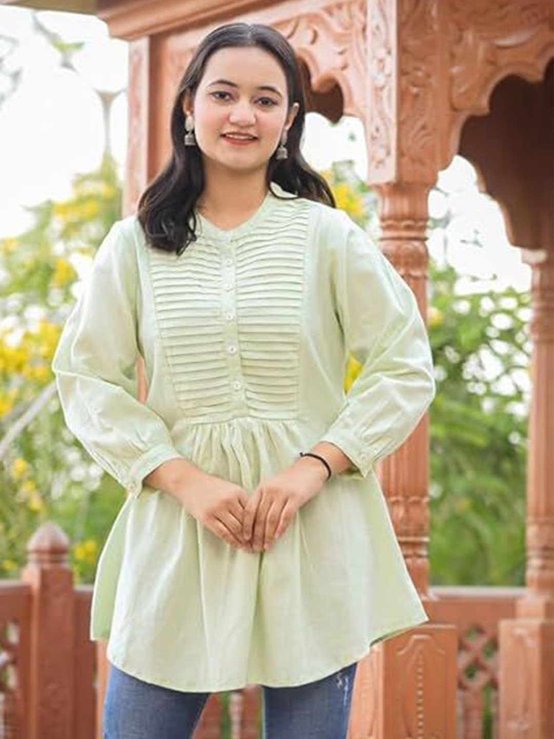 SYMPLE Women Self Design Mandarin Collar Cotton Tunic